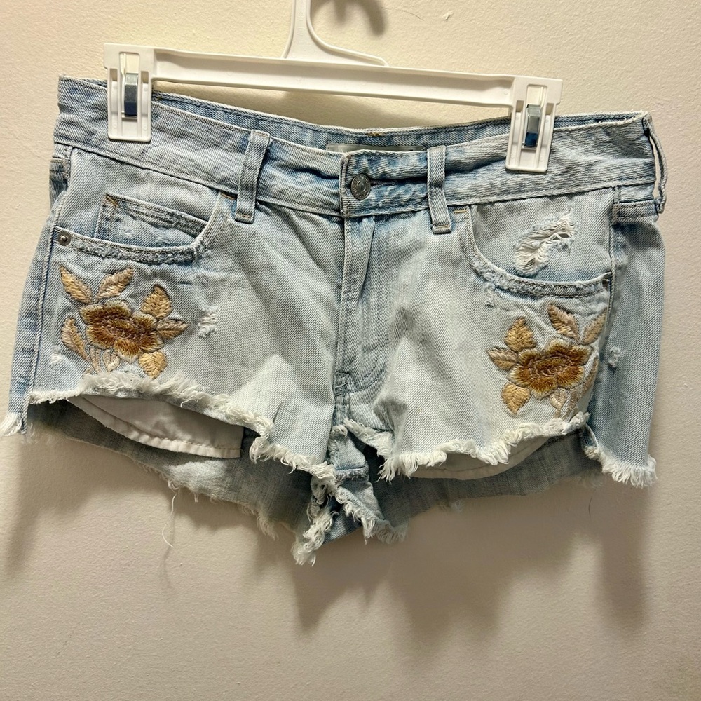Abercrombie & Fitch Distressed Light Blue Mini Jean Shorts with Floral Design